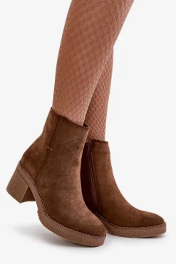 Botki Damskie Na Słupku Ocieplane Eko Zamszowe Brązowe Arkesia