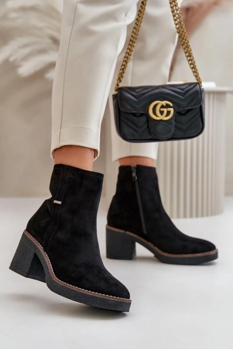 Botki Damskie Na Słupku Ocieplane Eko Zamszowe Czarne Arkesia