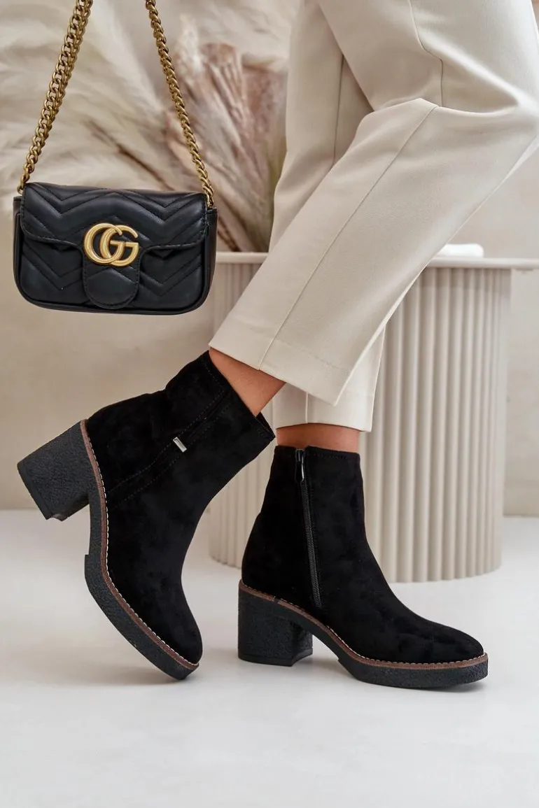 Botki Damskie Na Słupku Ocieplane Eko Zamszowe Czarne Arkesia