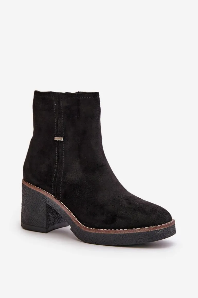 Botki Damskie Na Słupku Ocieplane Eko Zamszowe Czarne Arkesia