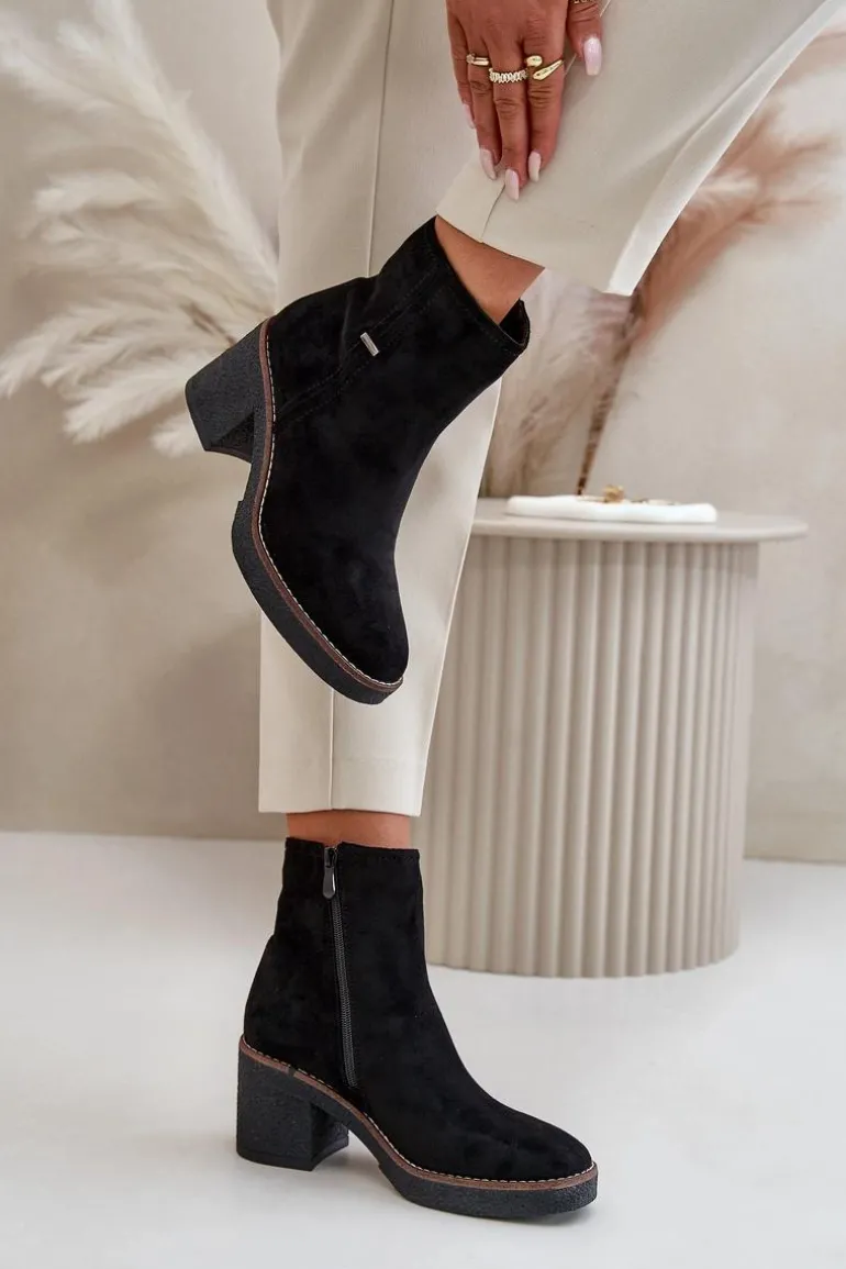 Botki Damskie Na Słupku Ocieplane Eko Zamszowe Czarne Arkesia