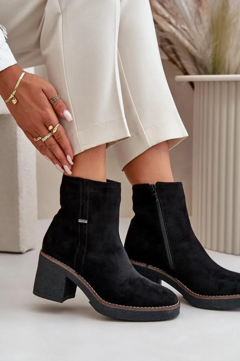 Botki Damskie Na Słupku Ocieplane Eko Zamszowe Czarne Arkesia