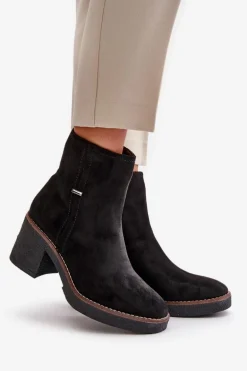 Botki Damskie Na Słupku Ocieplane Eko Zamszowe Czarne Arkesia