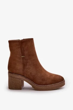 Botki Damskie Na Słupku Ocieplane Eko Zamszowe Khaki Arkesia