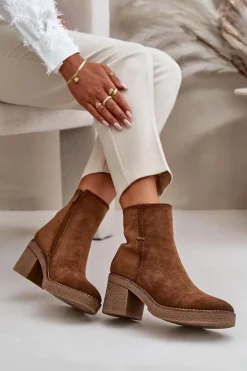 Botki Damskie Na Słupku Ocieplane Eko Zamszowe Khaki Arkesia