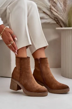 Botki Damskie Na Słupku Ocieplane Eko Zamszowe Khaki Arkesia