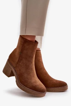 Botki Damskie Na Słupku Ocieplane Eko Zamszowe Khaki Arkesia