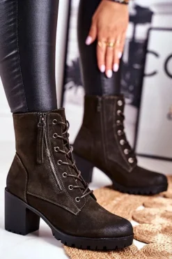 Botki Damskie Na Słupku Ocieplane Khaki Vimen