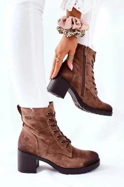 Botki Damskie Na Słupku Ocieplane Zamszowe Beżowe Dunaff