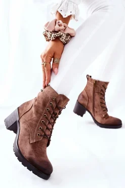 Botki Damskie Na Słupku Ocieplane Zamszowe Beżowe Dunaff