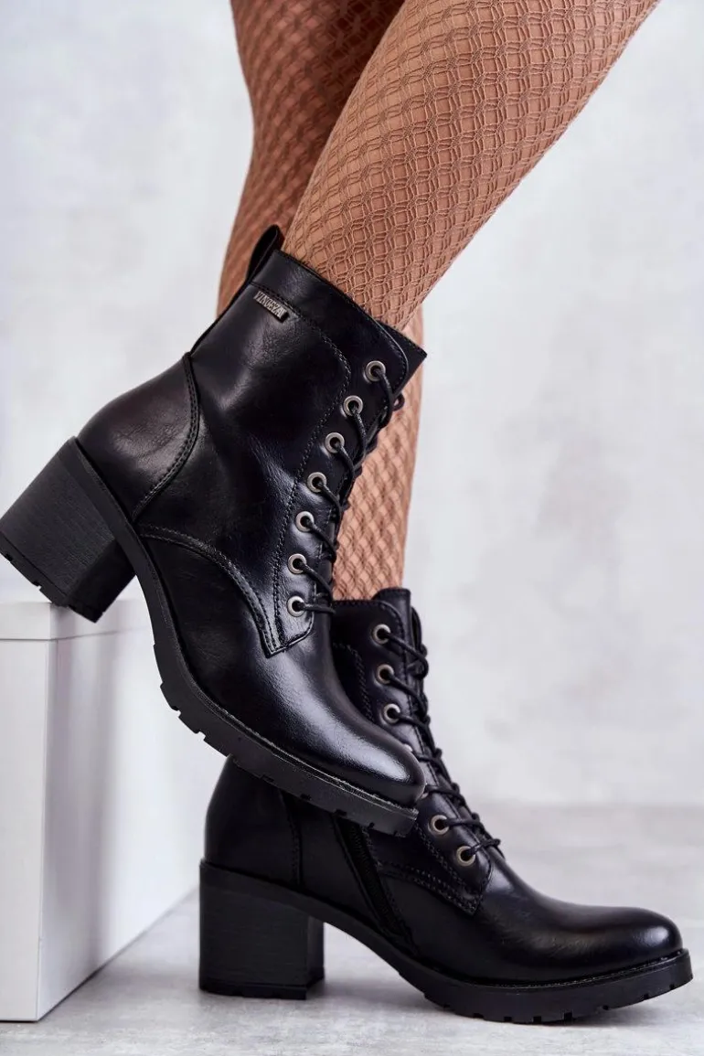 Botki Damskie Na Słupku Ocieplane Czarne Dunaff