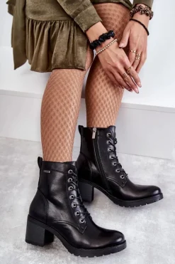 Botki Damskie Na Słupku Ocieplane Czarne Dunaff