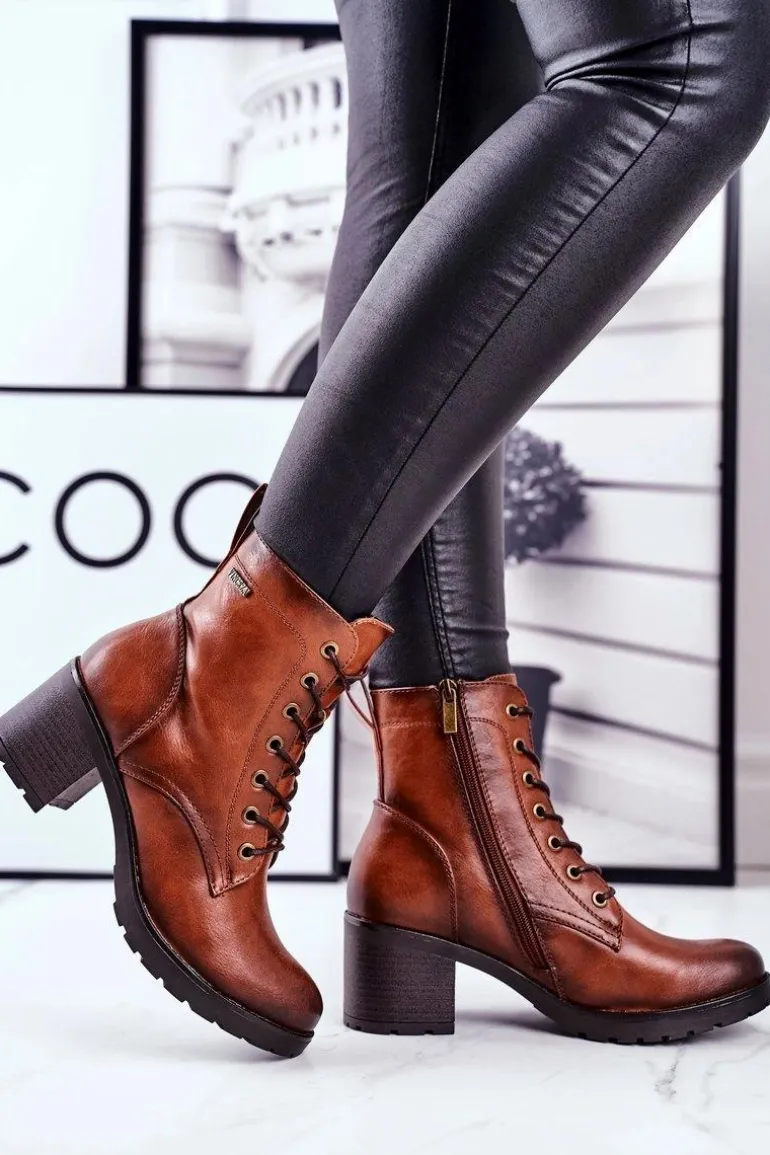 Botki Damskie Na Słupku Ocieplane Brązowe Fiber