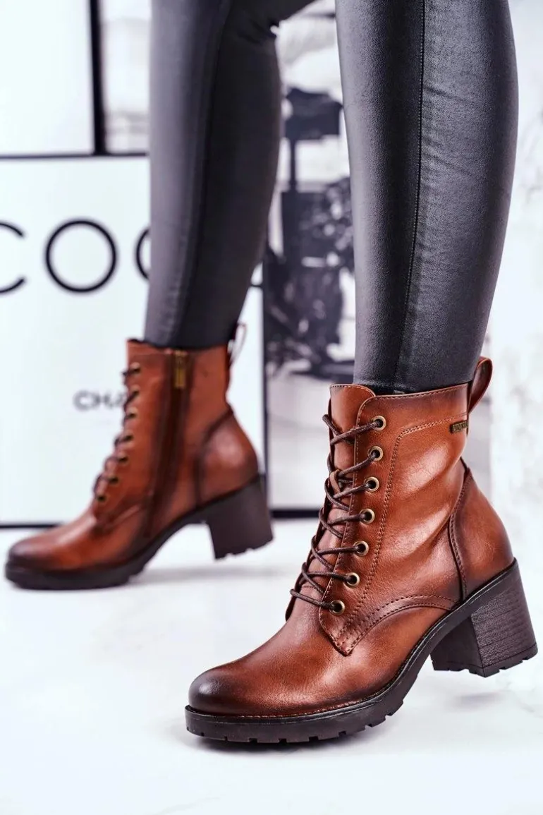 Botki Damskie Na Słupku Ocieplane Brązowe Fiber