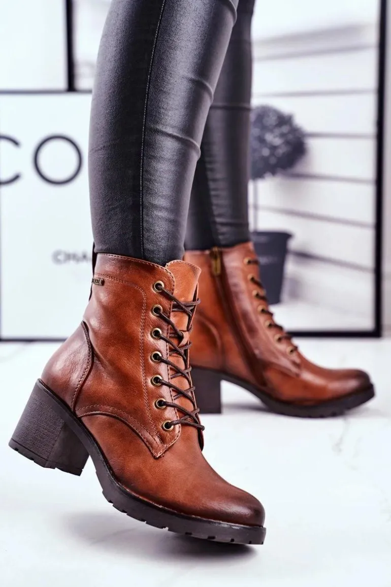 Botki Damskie Na Słupku Ocieplane Brązowe Fiber