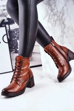 Botki Damskie Na Słupku Ocieplane Brązowe Fiber