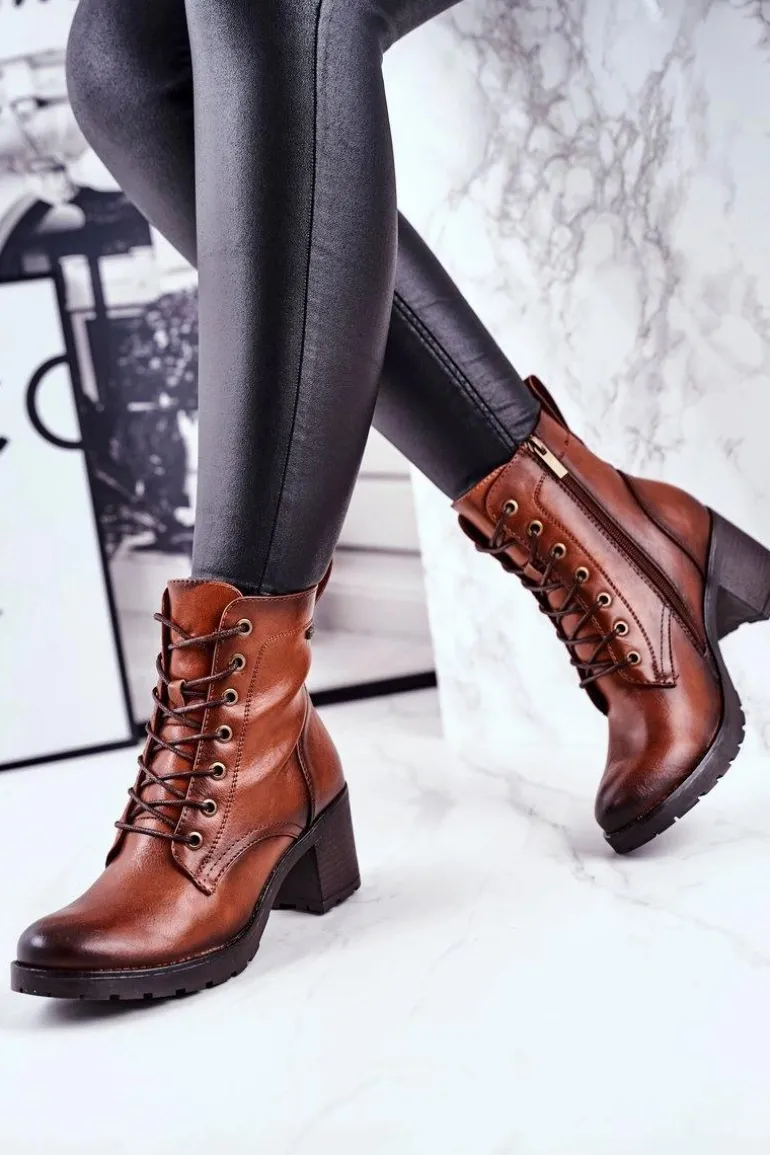 Botki Damskie Na Słupku Ocieplane Brązowe Fiber