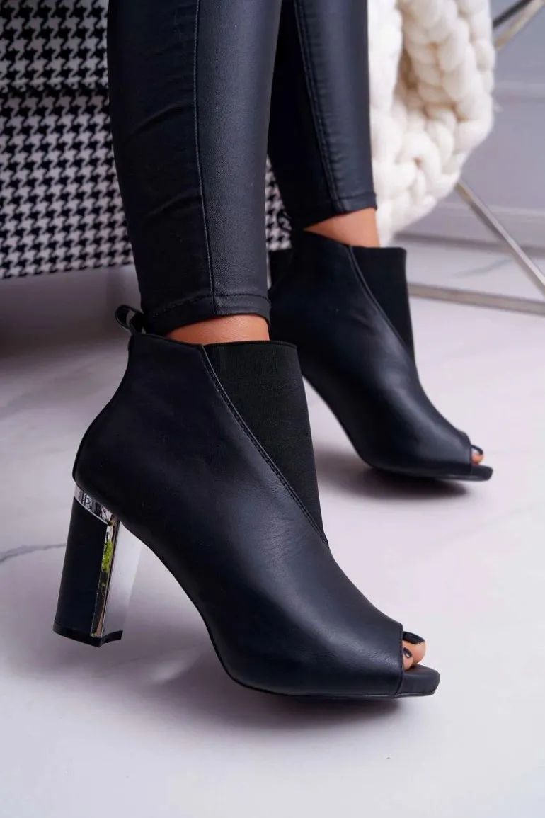 Botki Damskie na Słupku Odkryte Palce Wsuwane Czarne Germen