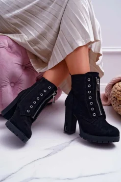 Botki Damskie Na Słupku Ozdobny Suwak Zamsz Czarne Imagine