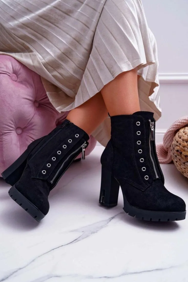 Botki Damskie Na Słupku Ozdobny Suwak Zamsz Czarne Imagine