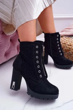 Botki Damskie Na Słupku Ozdobny Suwak Zamsz Czarne Imagine