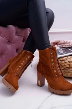 Botki Damskie Na Słupku Ozdobny Suwak Zamsz Camel Imagine