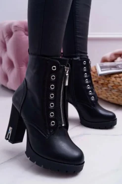 Botki Damskie Na Słupku Ozdobny Suwak Czarne Imagine