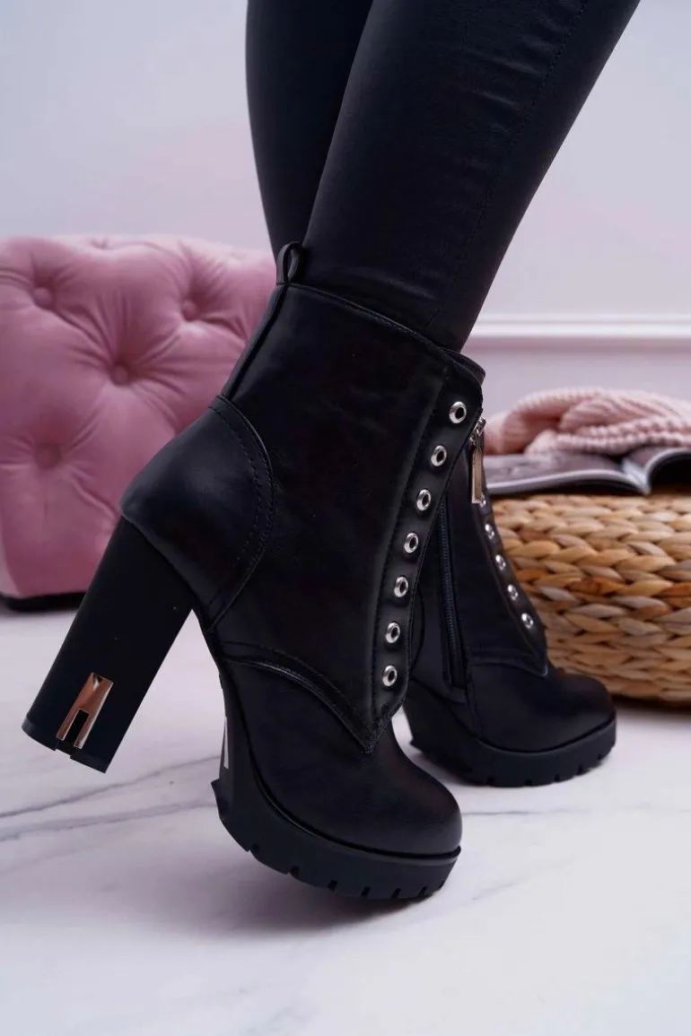 Botki Damskie Na Słupku Ozdobny Suwak Czarne Imagine