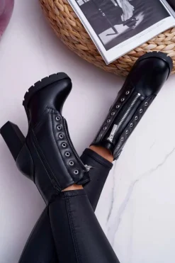 Botki Damskie Na Słupku Ozdobny Suwak Czarne Imagine