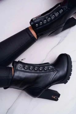 Botki Damskie Na Słupku Ozdobny Suwak Czarne Imagine