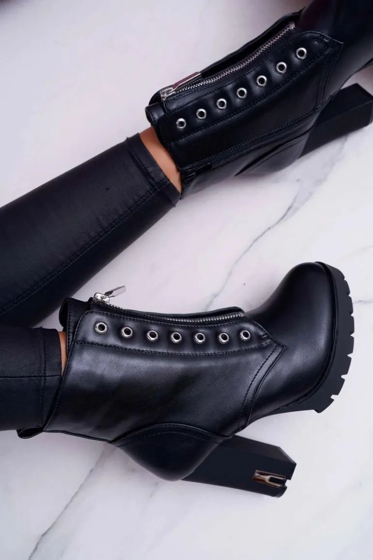 Botki Damskie Na Słupku Ozdobny Suwak Czarne Imagine