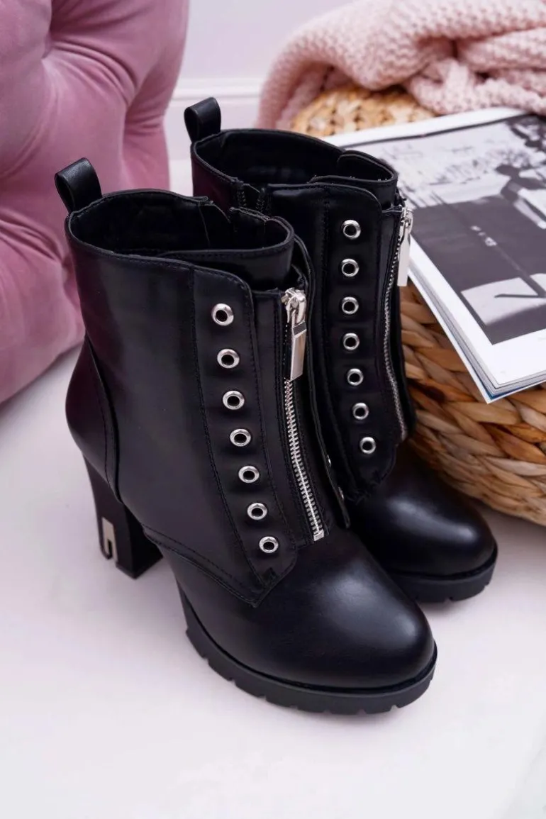 Botki Damskie Na Słupku Ozdobny Suwak Czarne Imagine