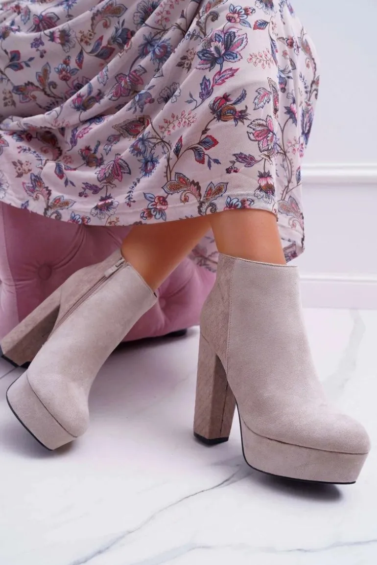 Botki Damskie na Słupku Platformie Zamszowe Beżowe Celinne