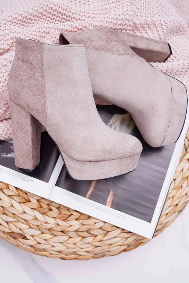 Botki Damskie na Słupku Platformie Zamszowe Beżowe Celinne