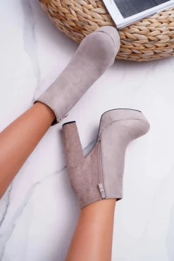 Botki Damskie na Słupku Platformie Zamszowe Beżowe Celinne