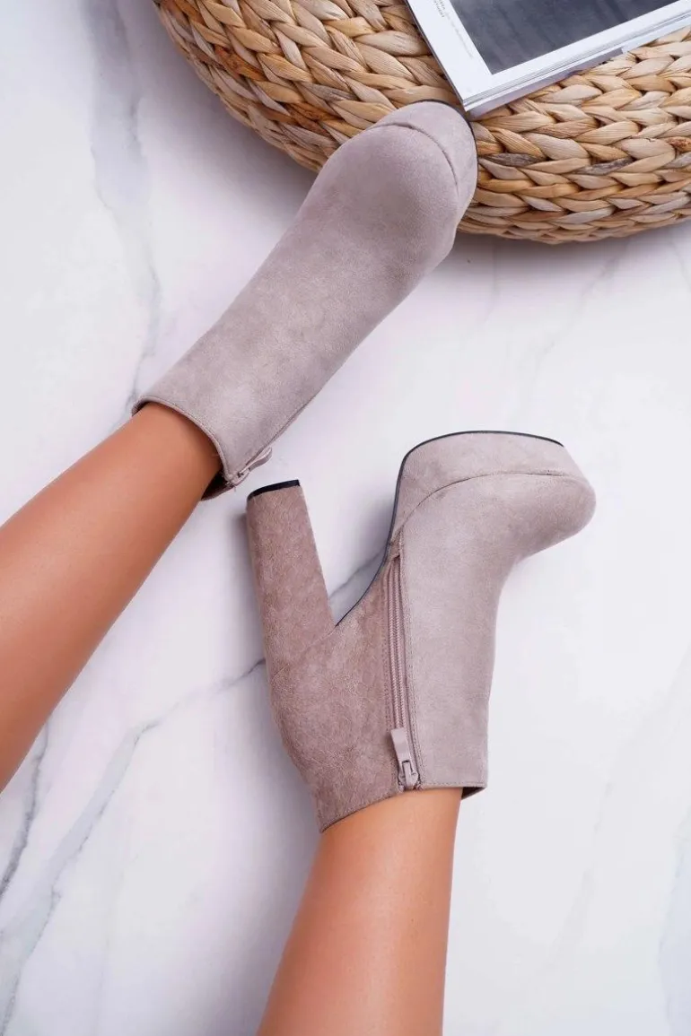 Botki Damskie na Słupku Platformie Zamszowe Beżowe Celinne