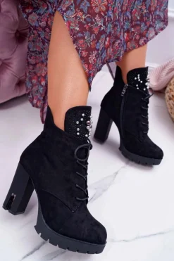 Botki Damskie na Słupku Platformie Zamszowe Czarne Fieste