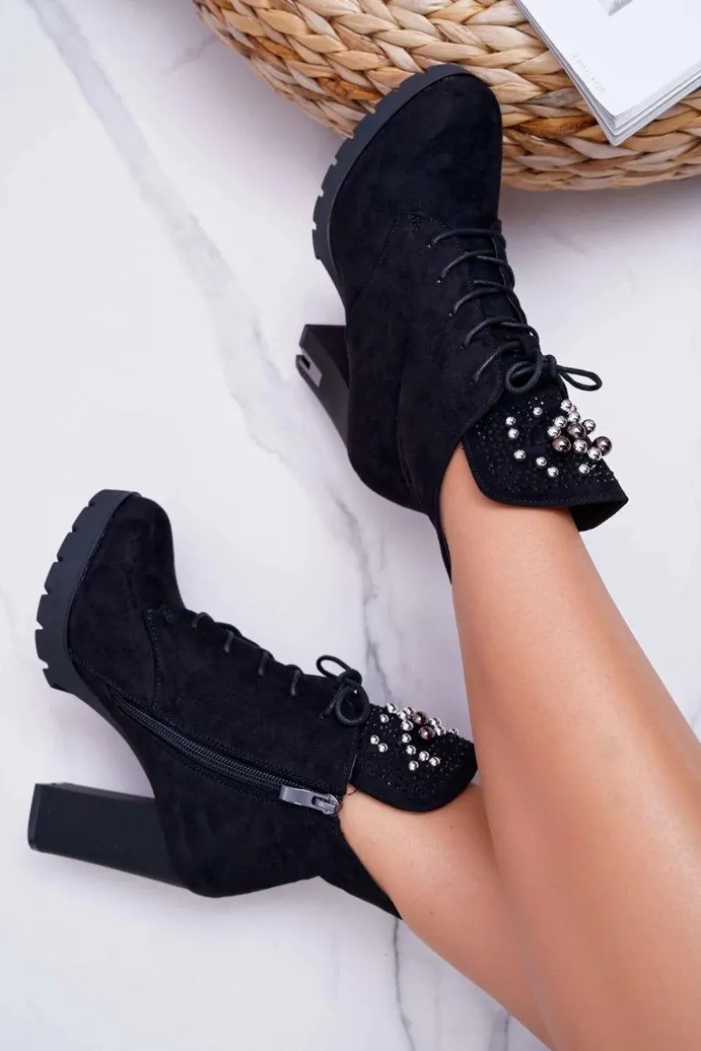 Botki Damskie na Słupku Platformie Zamszowe Czarne Fieste