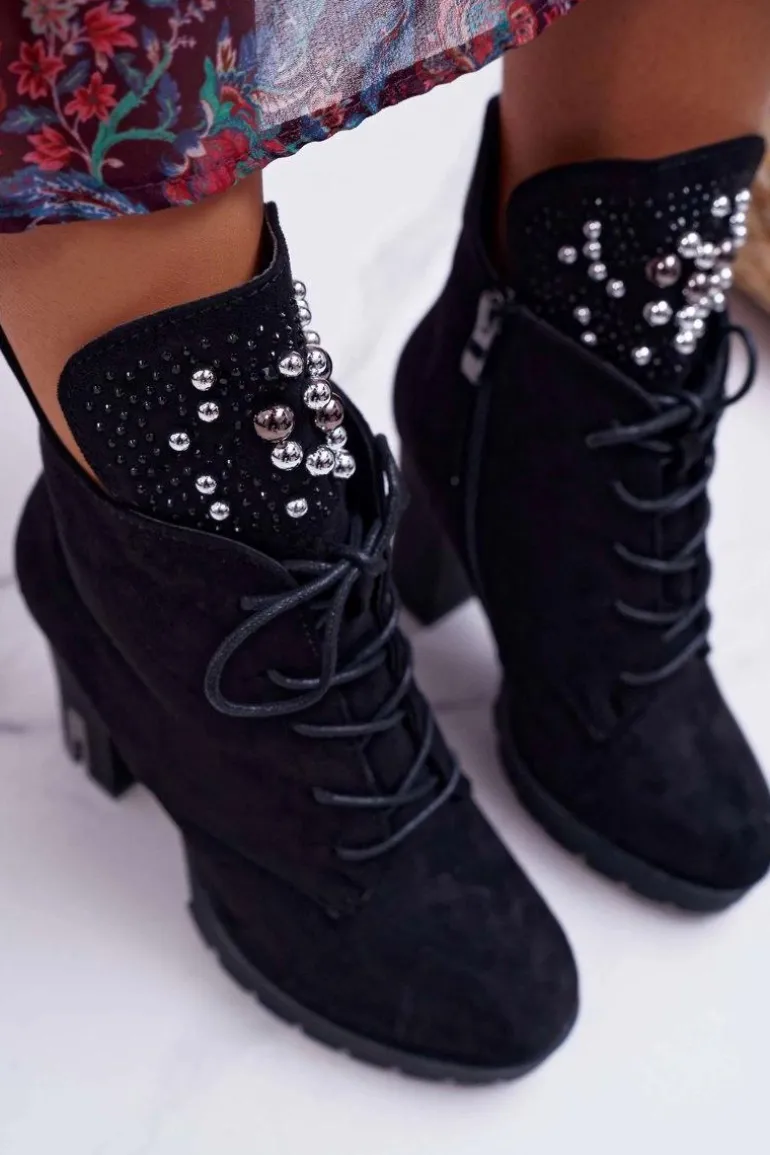 Botki Damskie na Słupku Platformie Zamszowe Czarne Fieste