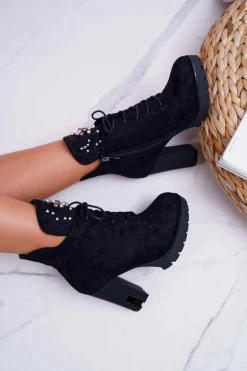 Botki Damskie na Słupku Platformie Zamszowe Czarne Fieste