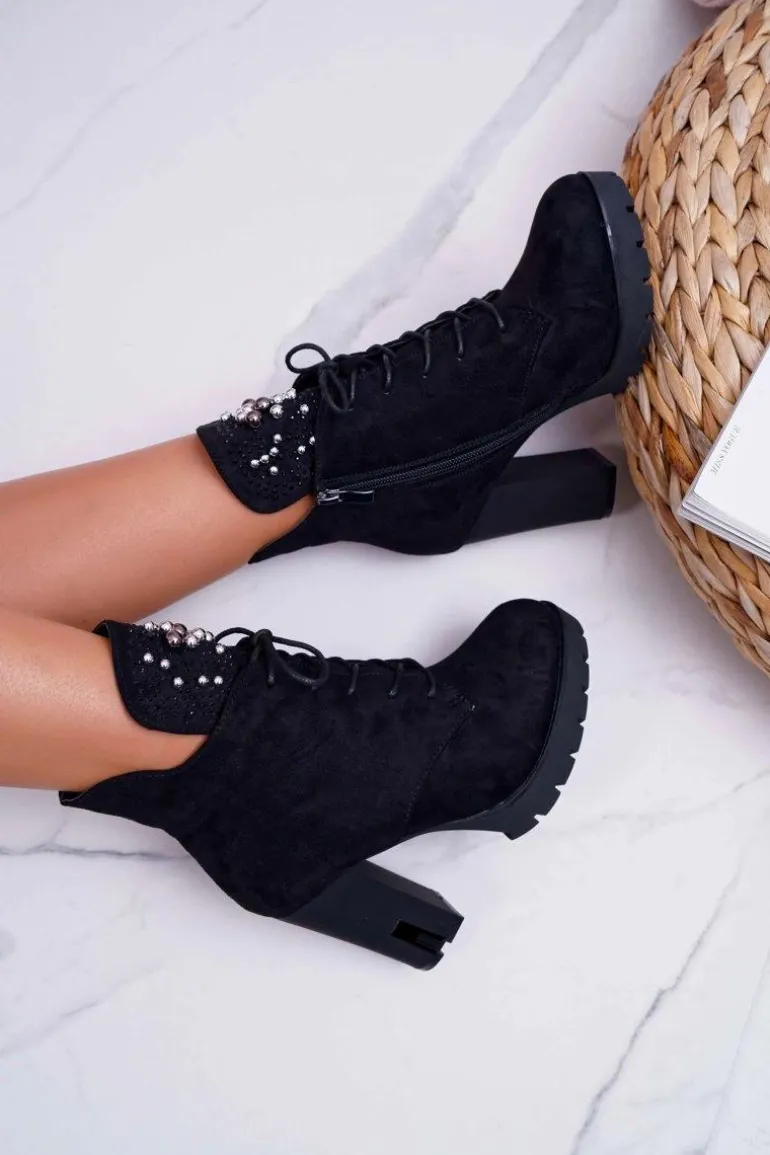 Botki Damskie na Słupku Platformie Zamszowe Czarne Fieste