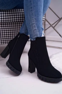 Botki Damskie na Słupku Platformie Z Cyrkoniami Czarne Deren