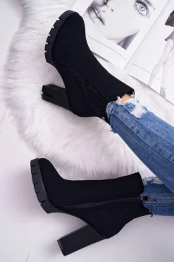 Botki Damskie na Słupku Platformie Z Cyrkoniami Czarne Deren