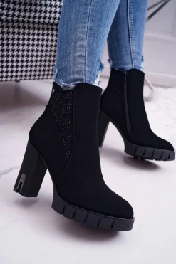 Botki Damskie na Słupku Platformie Z Cyrkoniami Czarne Deren