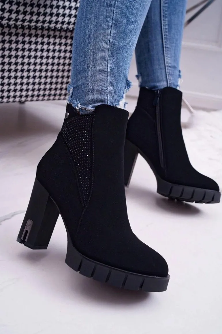 Botki Damskie na Słupku Platformie Z Cyrkoniami Czarne Deren