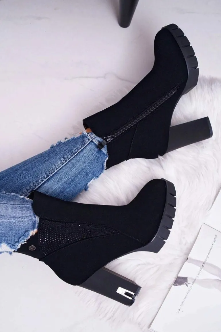 Botki Damskie na Słupku Platformie Z Cyrkoniami Czarne Deren