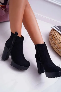 Botki Damskie na Słupku Platforma Zamszowe Czarne Estacado