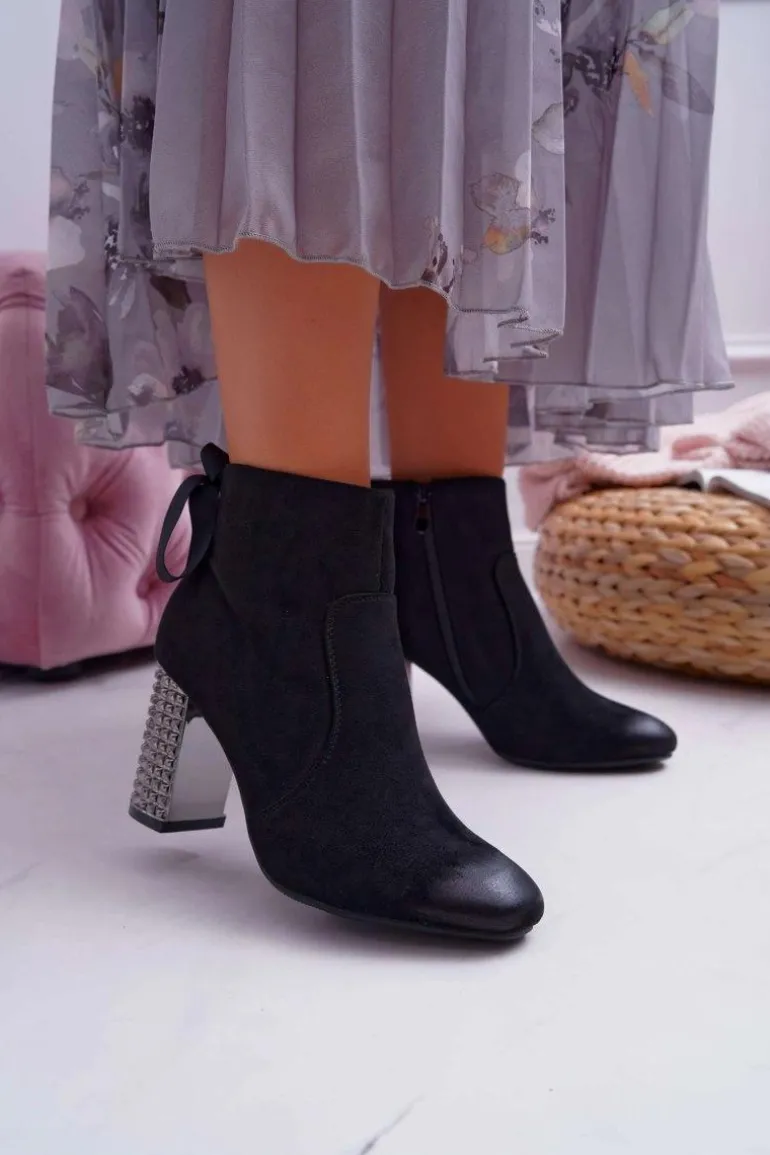 Botki Damskie Na Słupku Rock Suwak Czarne Stein