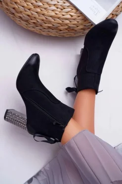 Botki Damskie Na Słupku Rock Suwak Czarne Stein