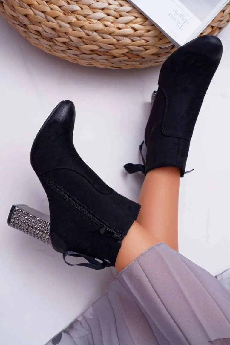 Botki Damskie Na Słupku Rock Suwak Czarne Stein